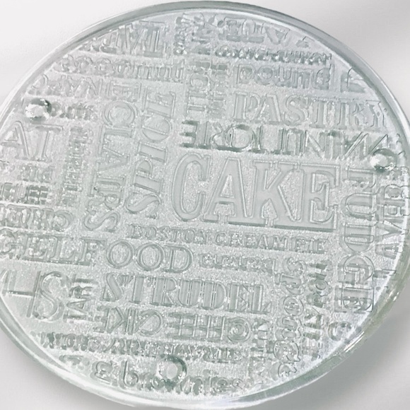 Jeannette Other - Jeannette Glass Crystal Cake Plate Platter Clear Round Embossed Text Typography